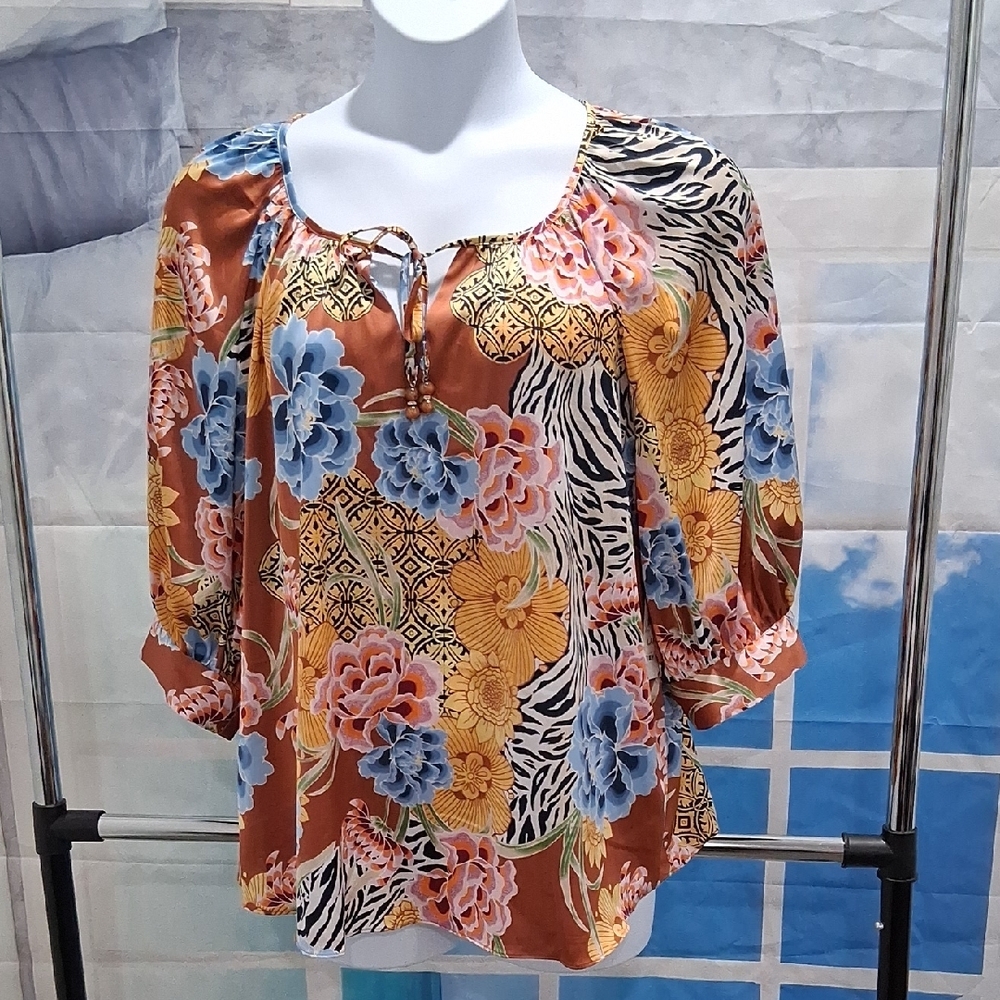 JM Collection Silk Orange and Blue Blouse with Flutter Sleeves and Tie Front